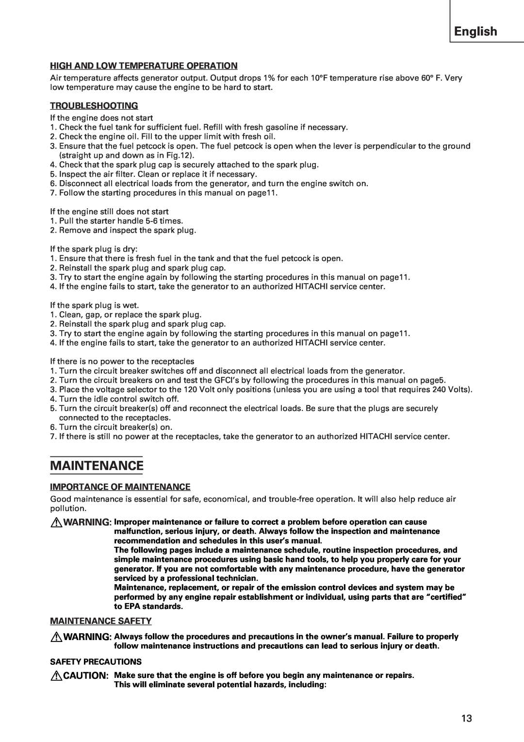 Hitachi E43 instruction manual English, High And Low Temperature Operation, Troubleshooting, Importance Of Maintenance 