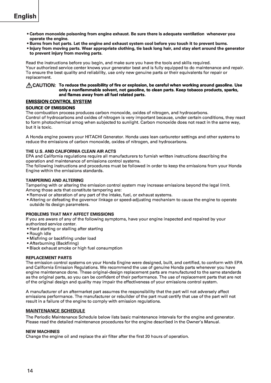 Hitachi E43 instruction manual English, Emission Control System, Maintenance Schedule 