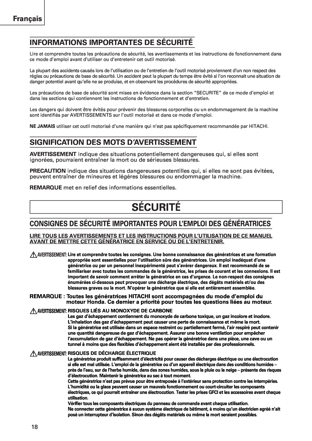 Hitachi E43 Sécurité, Français INFORMATIONS IMPORTANTES DE SÉCURITÉ, Signification Des Mots D’Avertissement 
