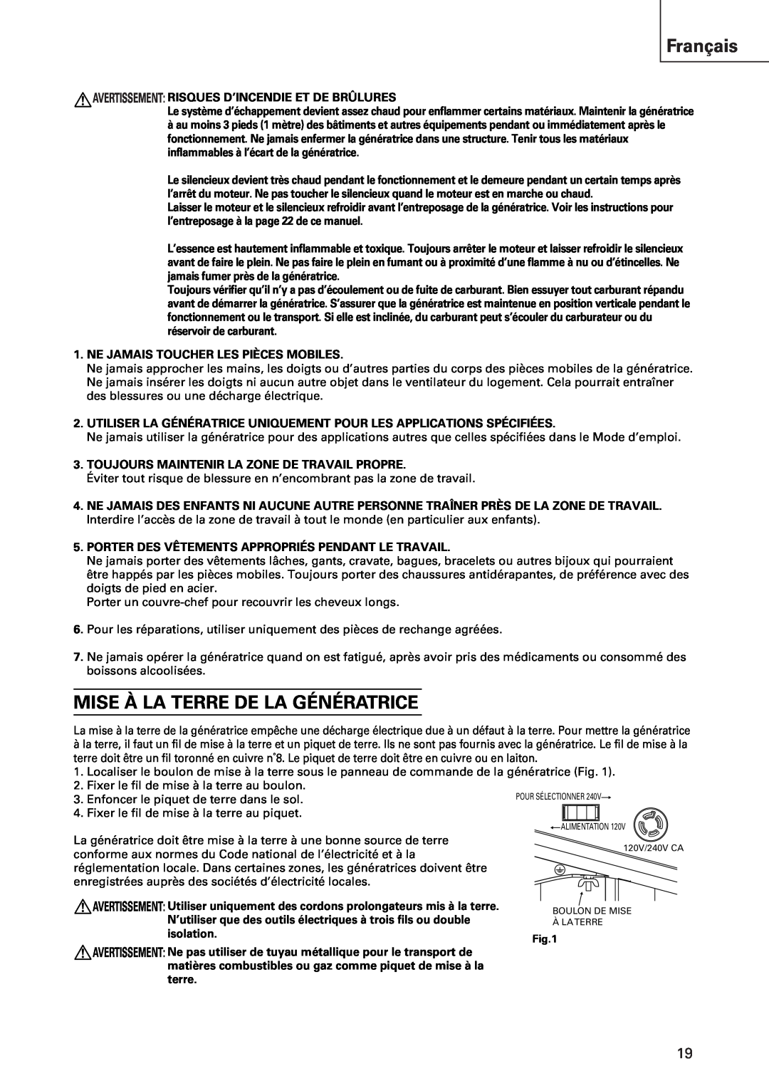 Hitachi E43 instruction manual Français, Mise À La Terre De La Génératrice 
