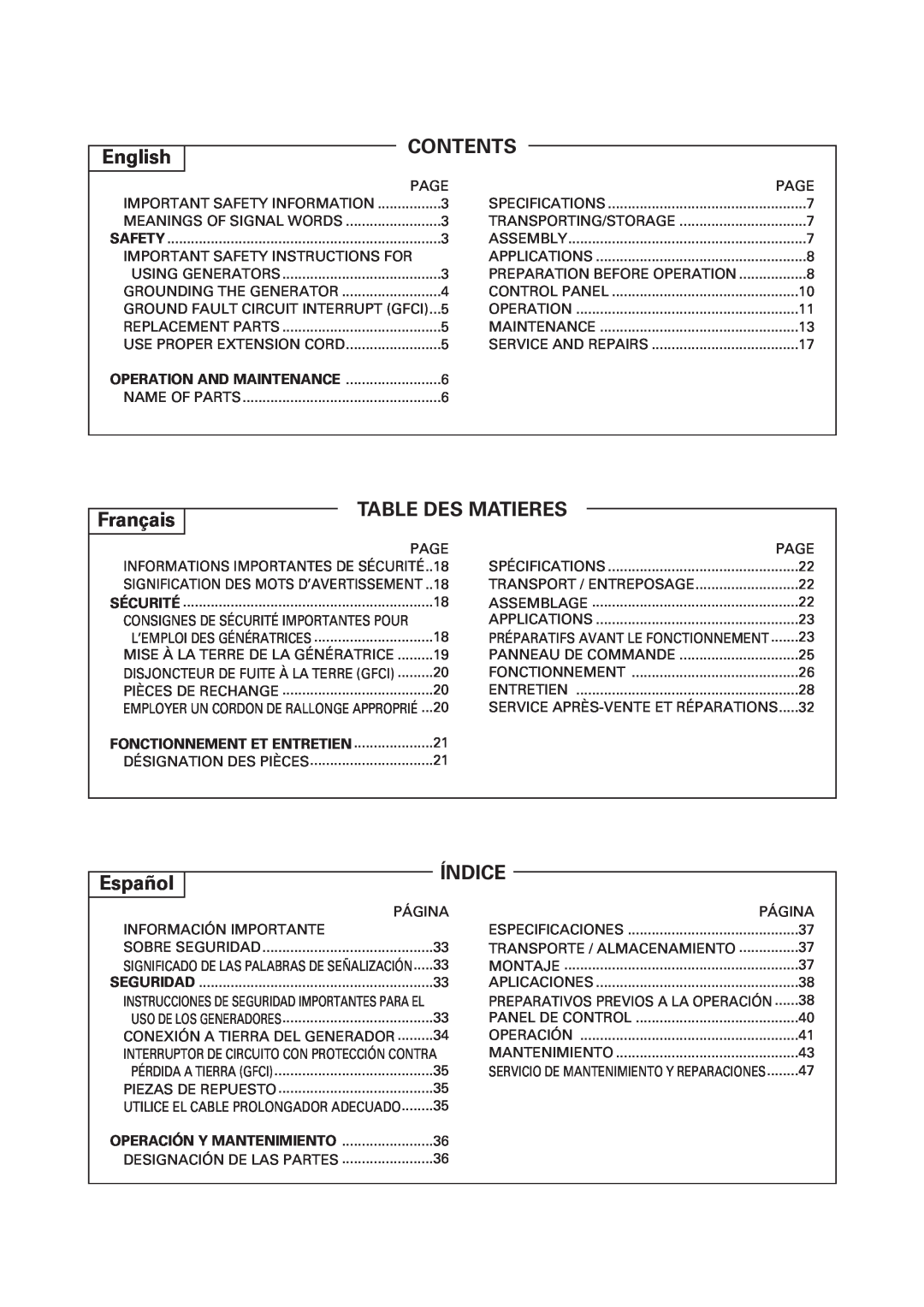 Hitachi E43 instruction manual English, Contents, Français, Table Des Matieres, Español, Índice 