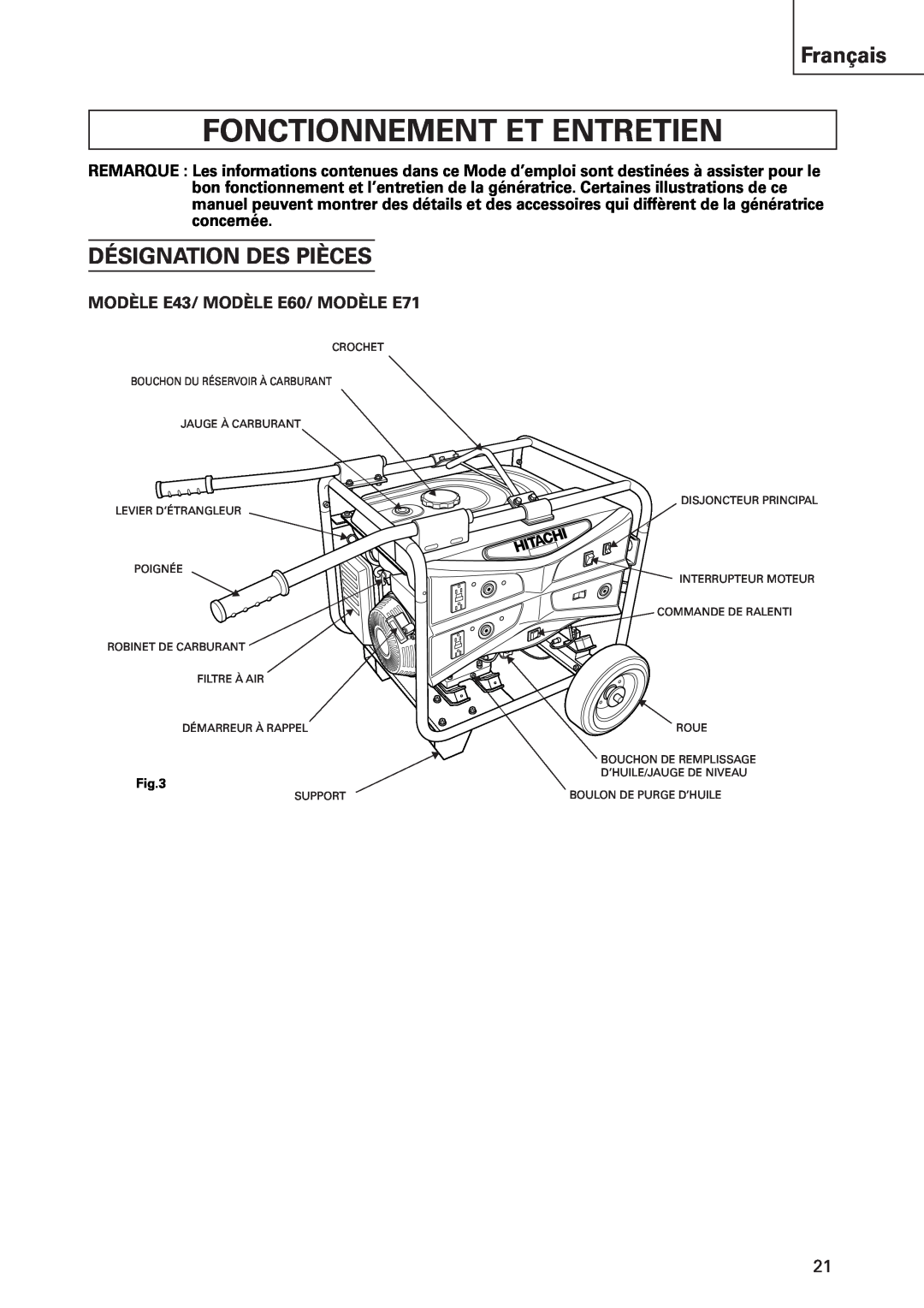 Hitachi Fonctionnement Et Entretien, Désignation Des Pièces, MODÈLE E43/ MODÈLE E60/ MODÈLE E71, Français 