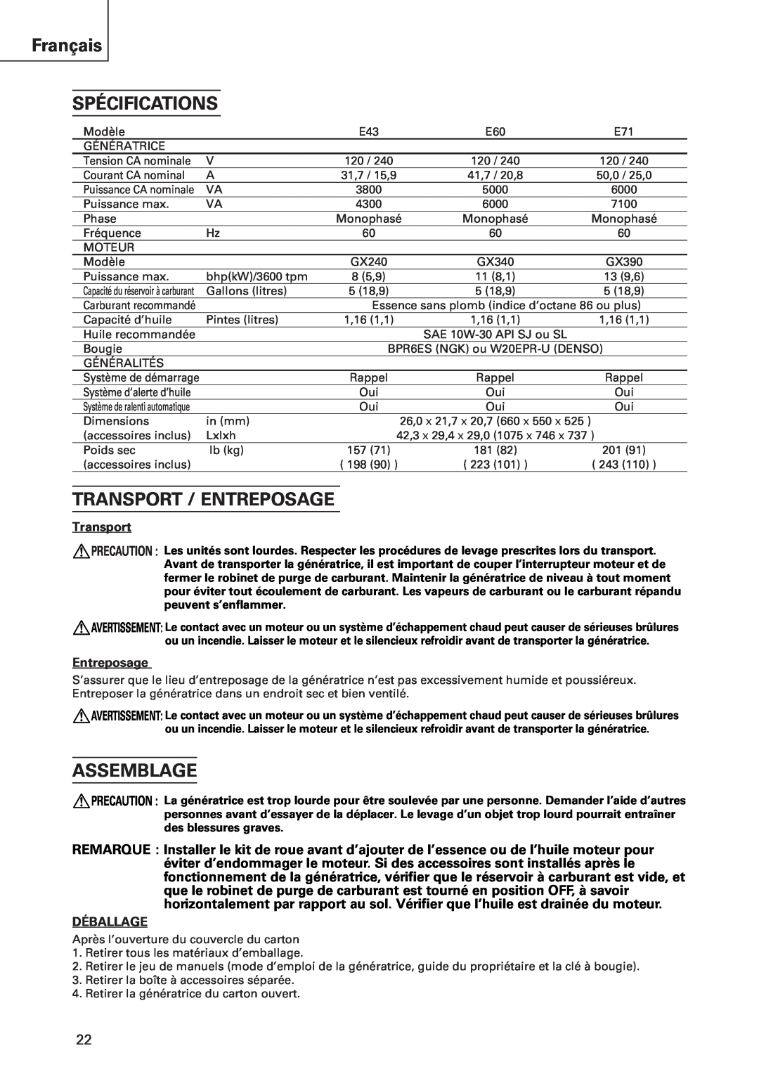 Hitachi E43 instruction manual Français SPÉCIFICATIONS, Transport / Entreposage, Assemblage, Déballage 