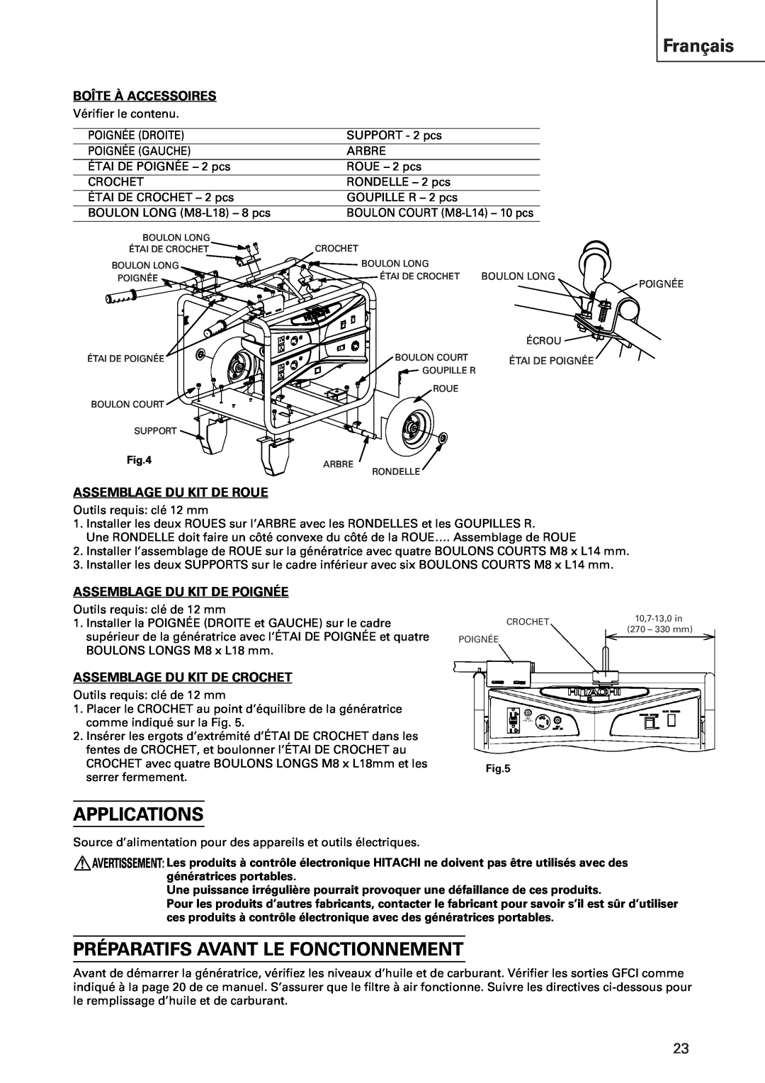 Hitachi E43 Préparatifs Avant Le Fonctionnement, Français, Applications, Boîte À Accessoires, Assemblage Du Kit De Roue 