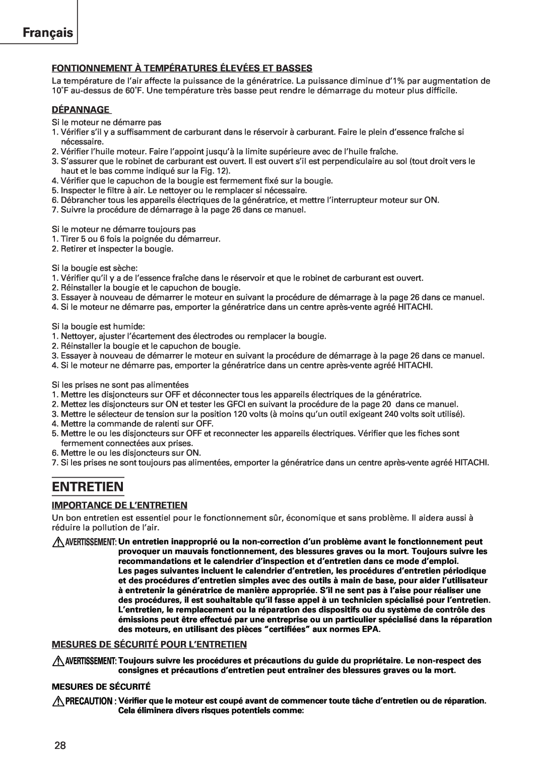 Hitachi E43 Français, Fontionnement À Températures Élevées Et Basses, Dépannage, Importance De L’Entretien 