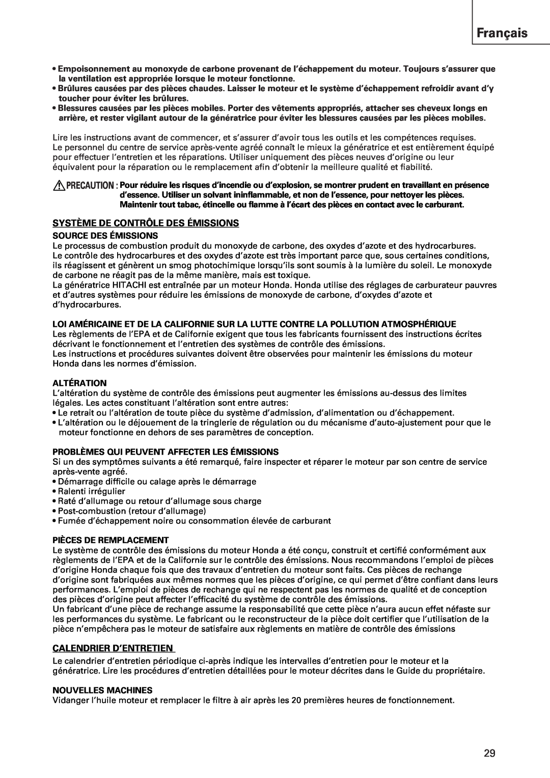 Hitachi E43 instruction manual Français, Système De Contrôle Des Émissions, Calendrier D’Entretien 