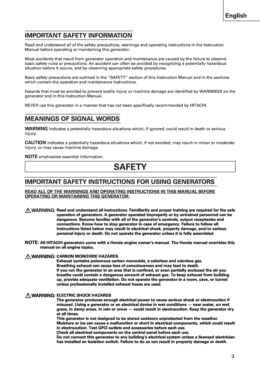 Hitachi E43 instruction manual Safety, English IMPORTANT SAFETY INFORMATION, Meanings Of Signal Words 