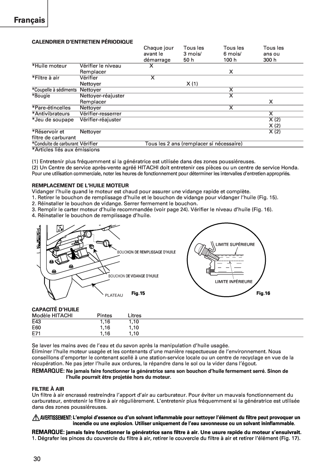 Hitachi E43 Français, Calendrier D’Entretien Périodique, Remplacement De L’Huile Moteur, Capacité D’Huile, Filtre À Air 