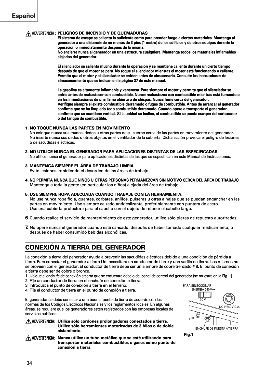 Hitachi E43 instruction manual Español, Conexión A Tierra Del Generador 