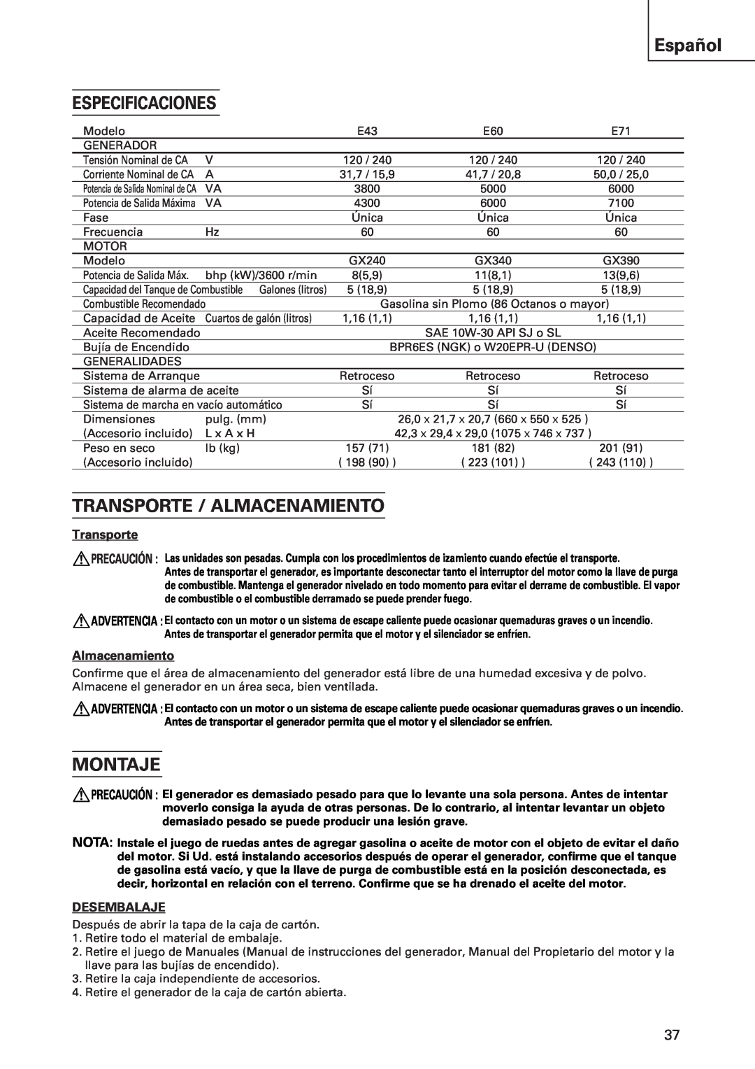 Hitachi E43 instruction manual Español ESPECIFICACIONES, Transporte / Almacenamiento, Montaje, Desembalaje 