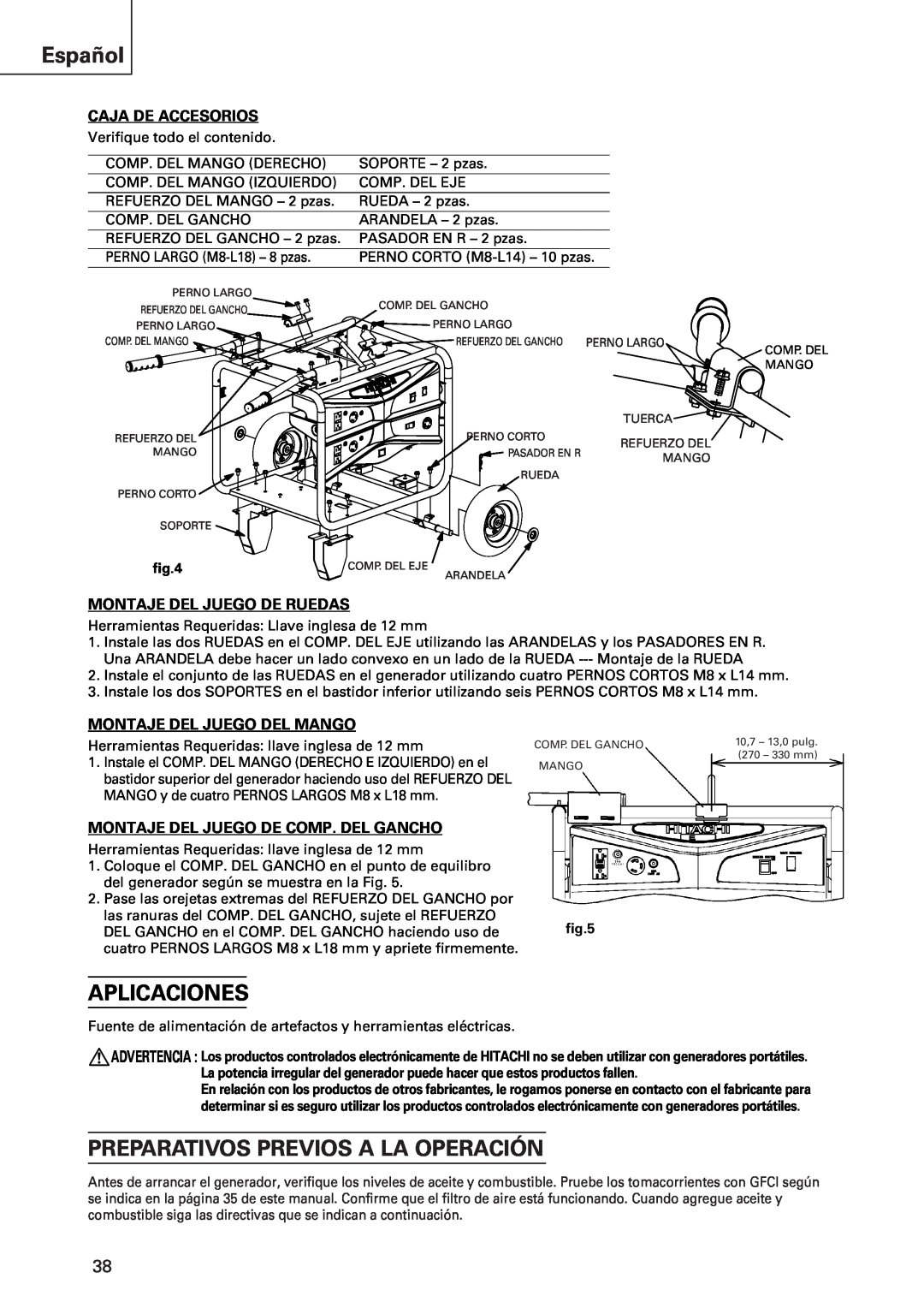 Hitachi E43 Aplicaciones, Preparativos Previos A La Operación, Español, Caja De Accesorios, Montaje Del Juego De Ruedas 