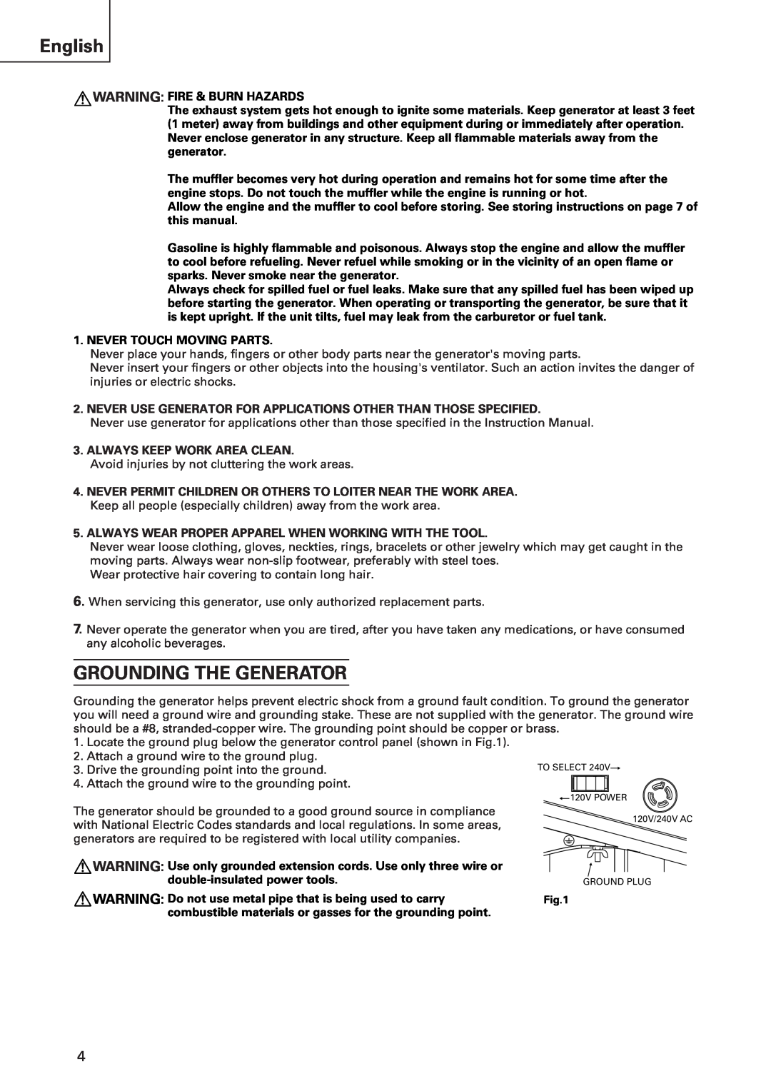 Hitachi E43 instruction manual English, Grounding The Generator 