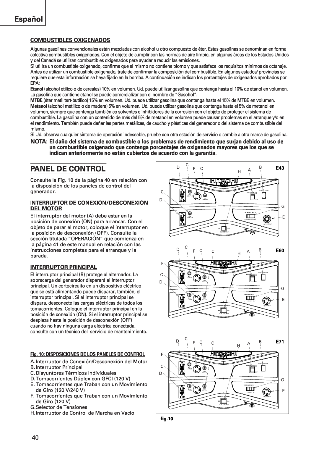 Hitachi E43 Panel De Control, Español, Combustibles Oxigenados, Interruptor De Conexión/Desconexión Del Motor 