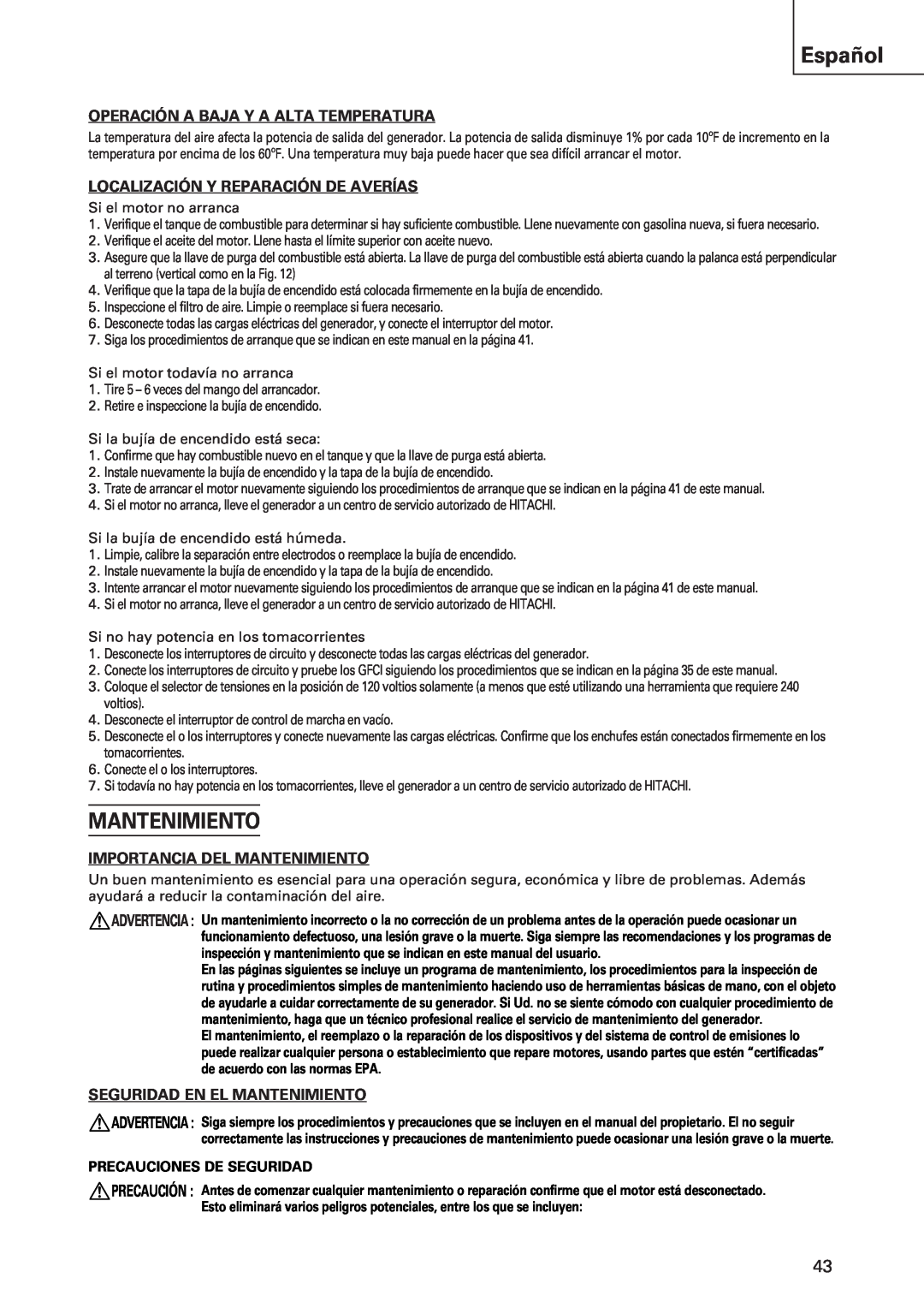 Hitachi E43 Mantenimiento, Español, Operación A Baja Y A Alta Temperatura, Localización Y Reparación De Averías 