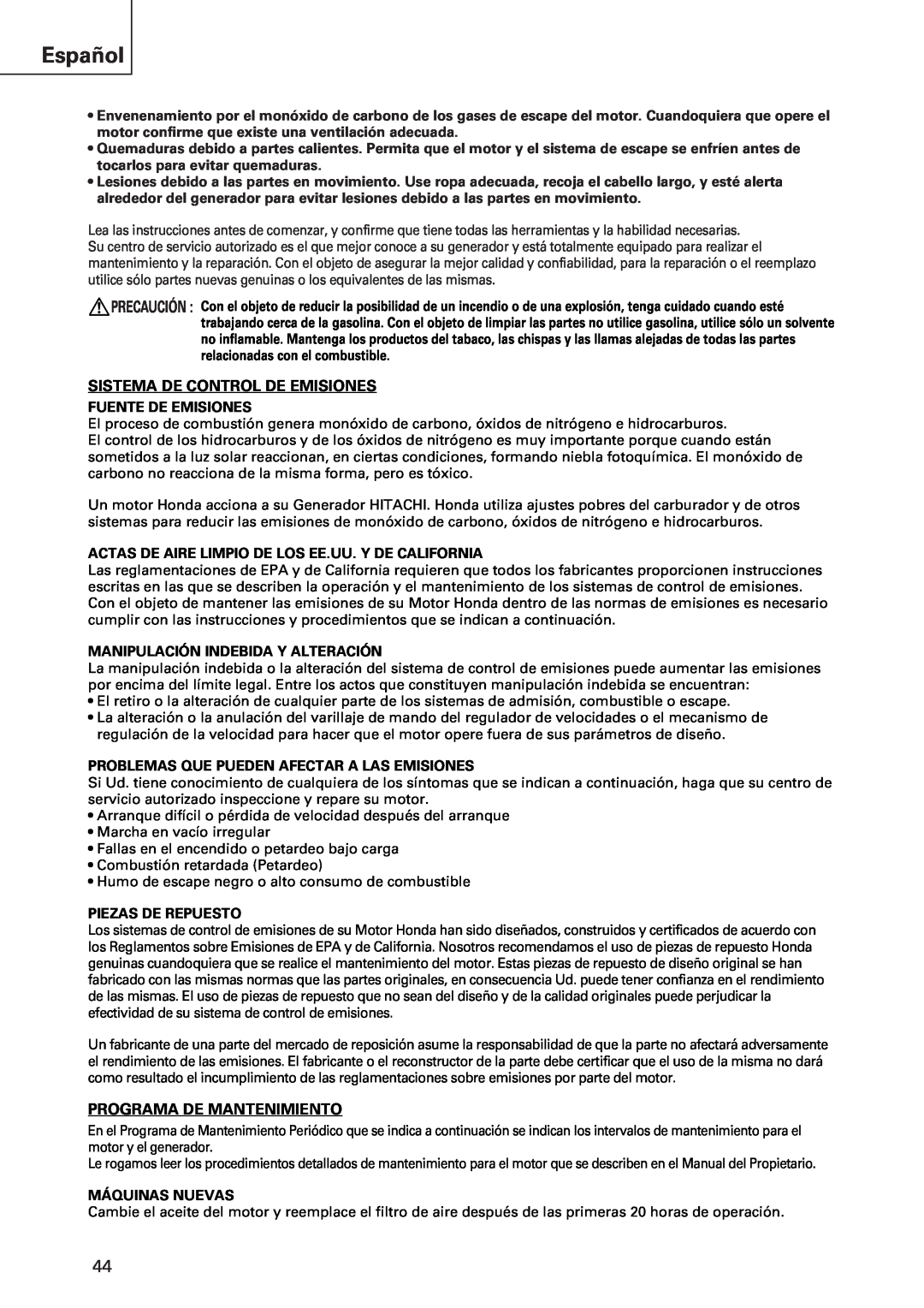Hitachi E43 instruction manual Español, Sistema De Control De Emisiones, Programa De Mantenimiento 