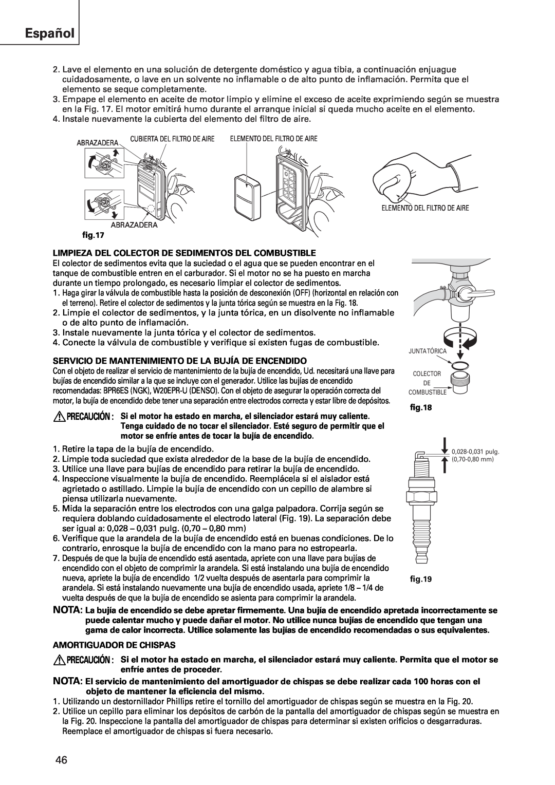 Hitachi E43 instruction manual Español, Limpieza Del Colector De Sedimentos Del Combustible, Amortiguador De Chispas 