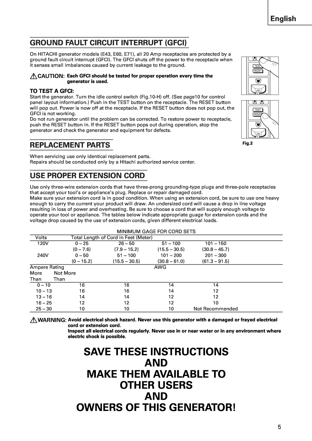 Hitachi E43 Save These Instructions And Make Them Available To Other Users And, Owners Of This Generator, To Test A Gfci 