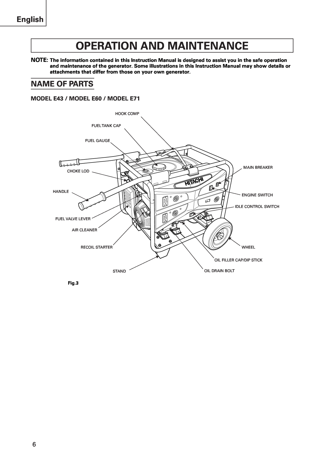 Hitachi instruction manual Operation And Maintenance, Name Of Parts, MODEL E43 / MODEL E60 / MODEL E71, English 