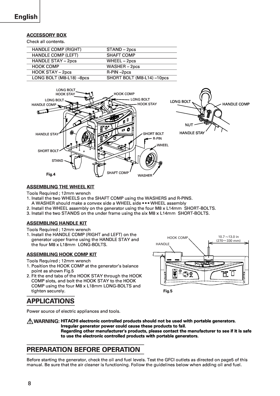 Hitachi E43 instruction manual Applications, Preparation Before Operation, English, Accessory Box, Assembling The Wheel Kit 