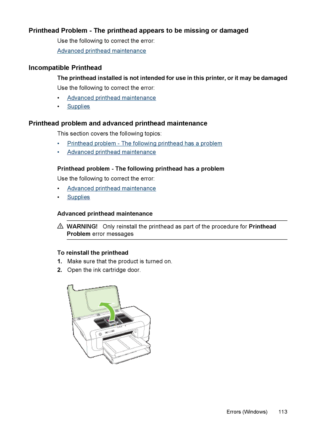 Hitachi C9295A#B1H, E609 manual Incompatible Printhead, Printhead problem and advanced printhead maintenance 