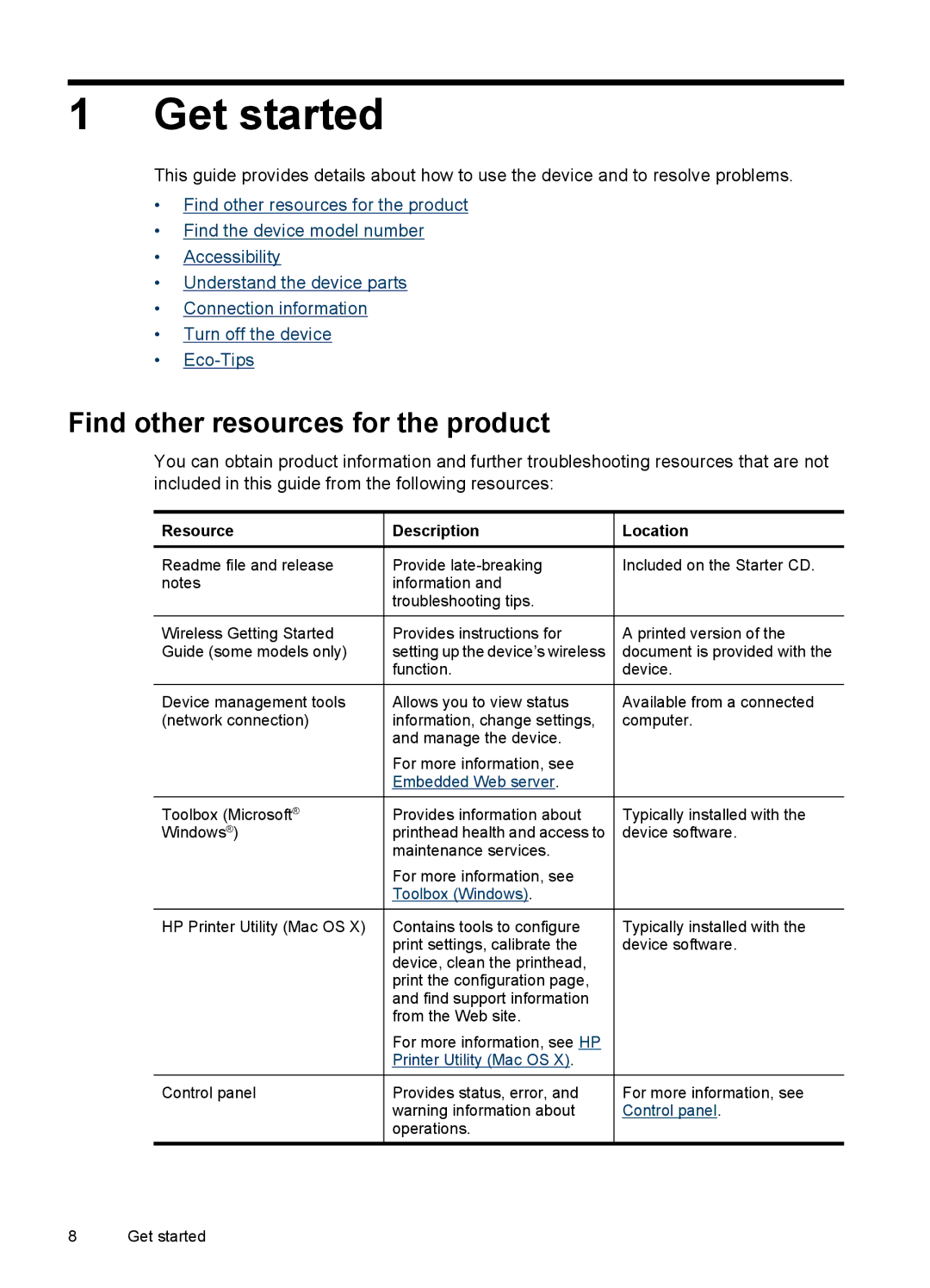 Hitachi E609, C9295A#B1H manual Get started, Find other resources for the product, Resource, Description, Location 