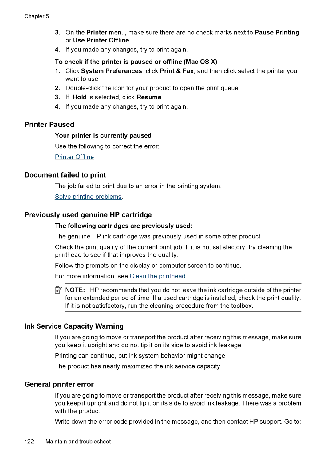 Hitachi E609 Printer Paused, Document failed to print, Previously used genuine HP cartridge, Ink Service Capacity Warning 