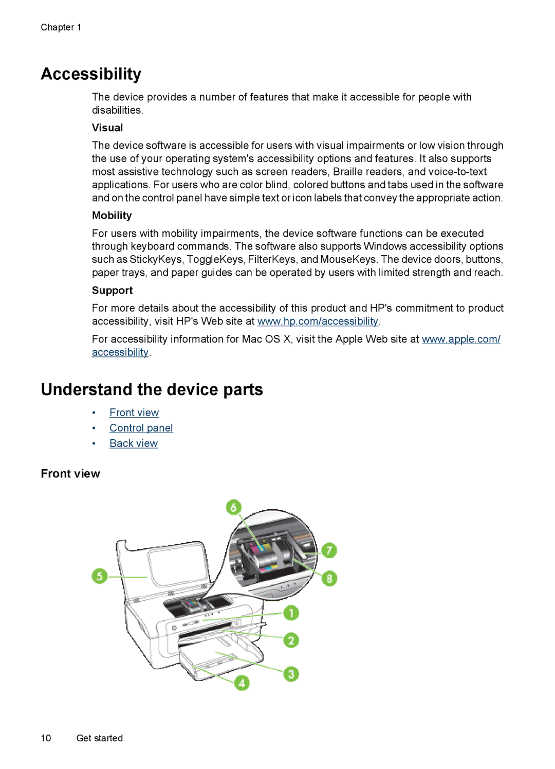 Hitachi E609, C9295A#B1H manual Accessibility, Understand the device parts, Front view 