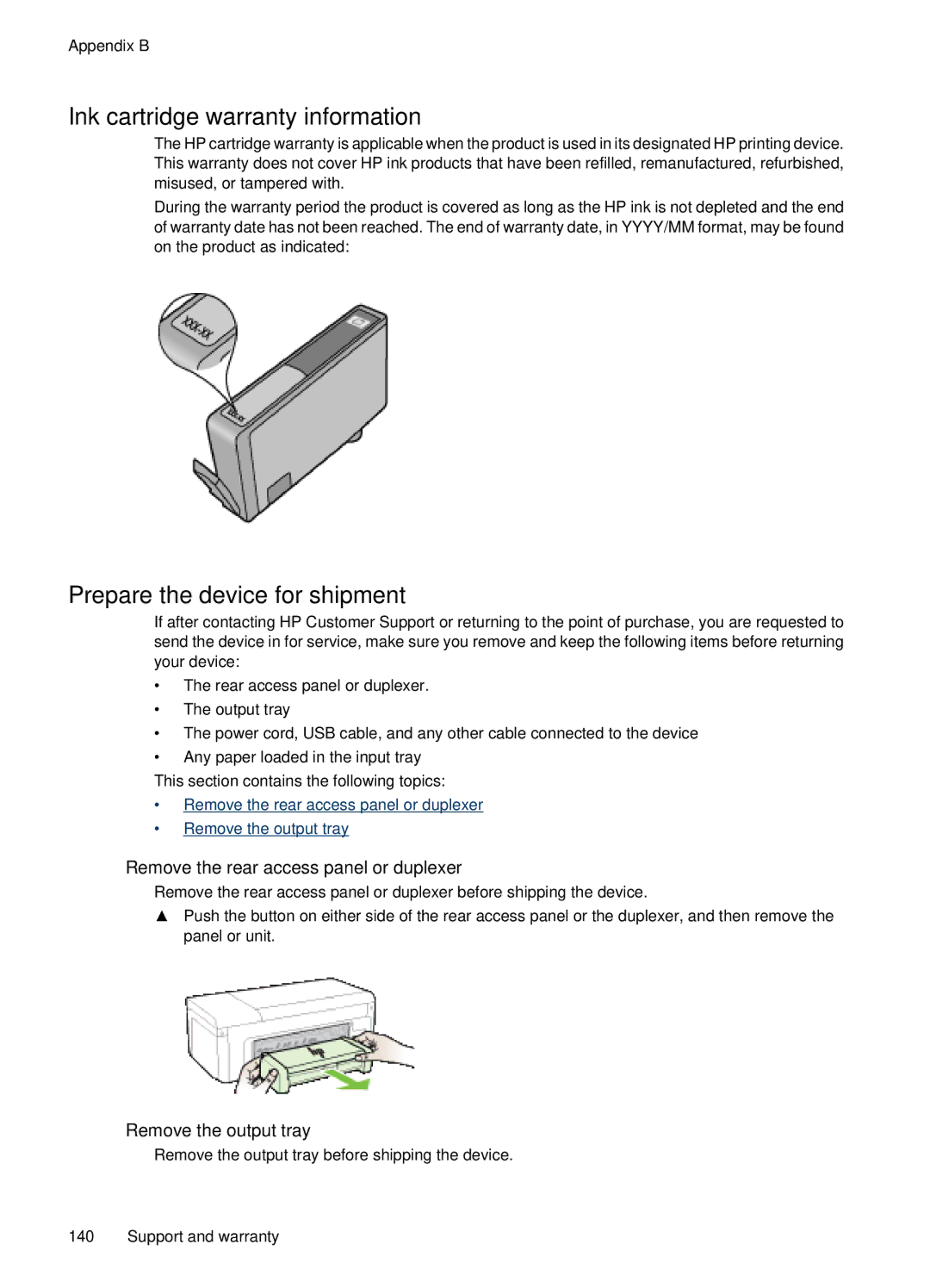 Hitachi E609 Ink cartridge warranty information, Prepare the device for shipment, Remove the rear access panel or duplexer 