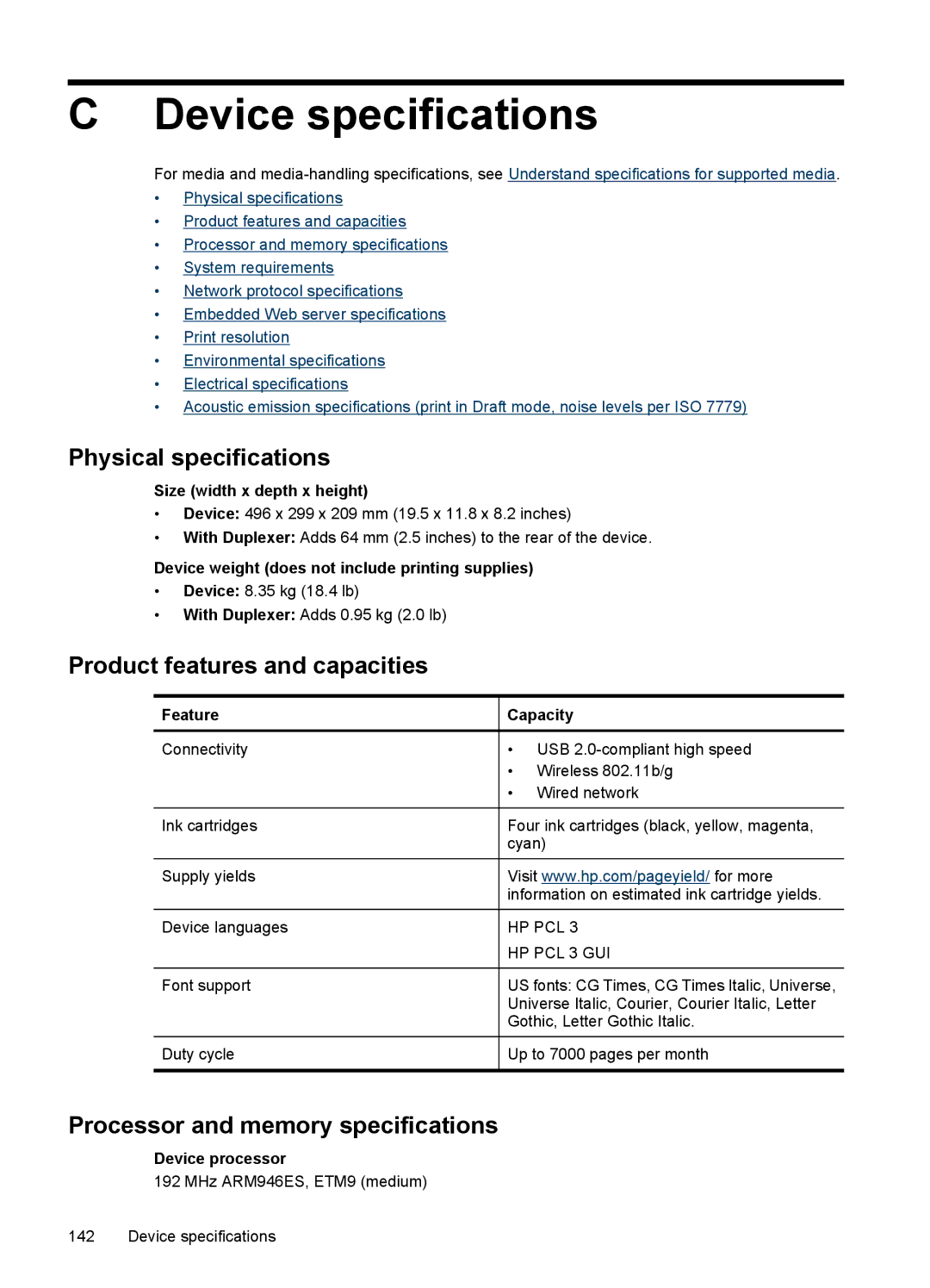 Hitachi E609, C9295A#B1H manual Device specifications, Physical specifications, Product features and capacities 