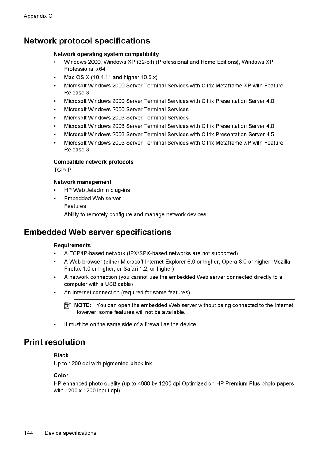 Hitachi E609, C9295A#B1H manual Network protocol specifications, Embedded Web server specifications, Print resolution 