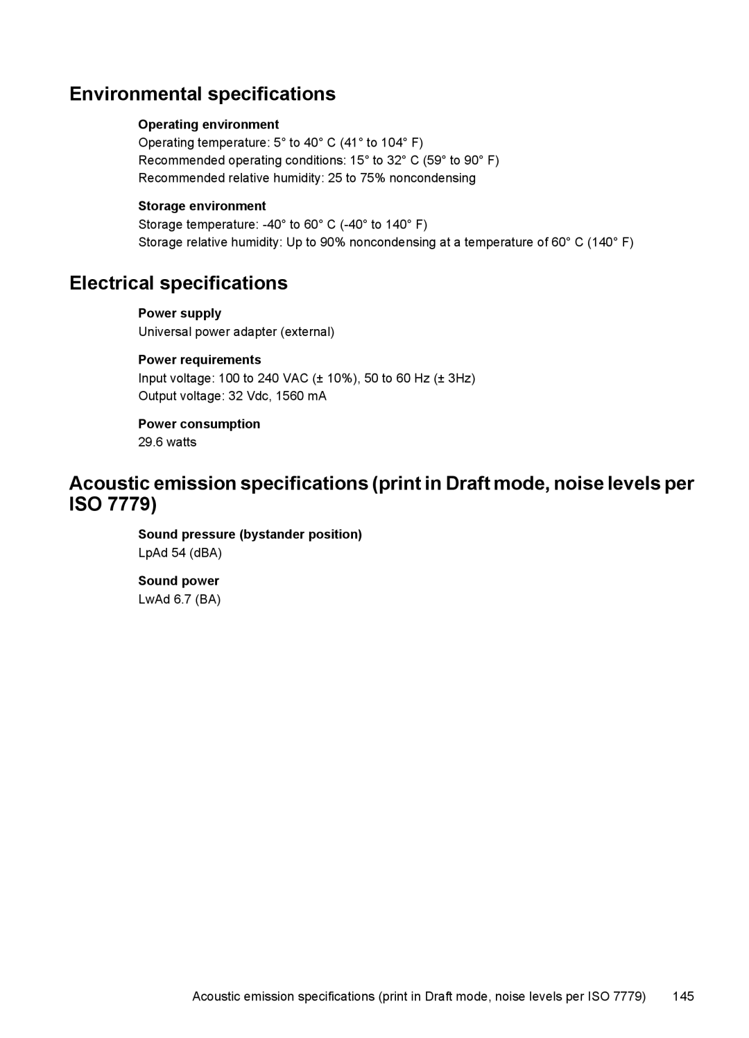 Hitachi C9295A#B1H, E609 manual Environmental specifications, Electrical specifications 