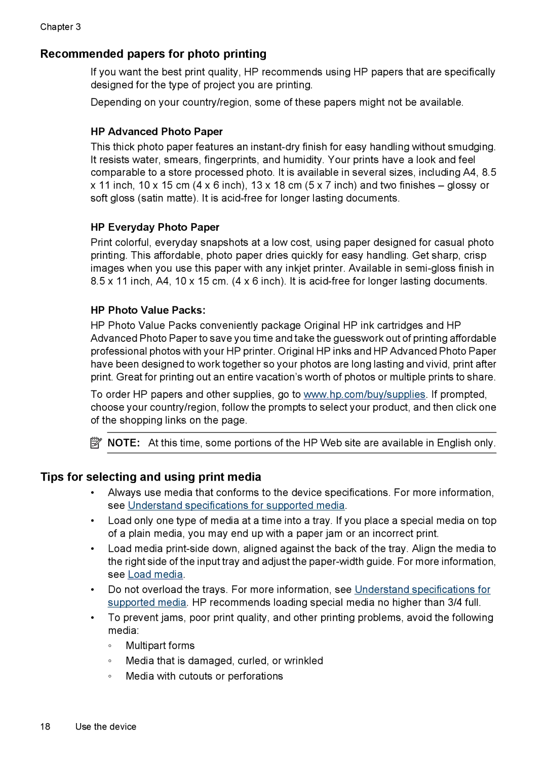 Hitachi E609 Recommended papers for photo printing, Tips for selecting and using print media, HP Advanced Photo Paper 