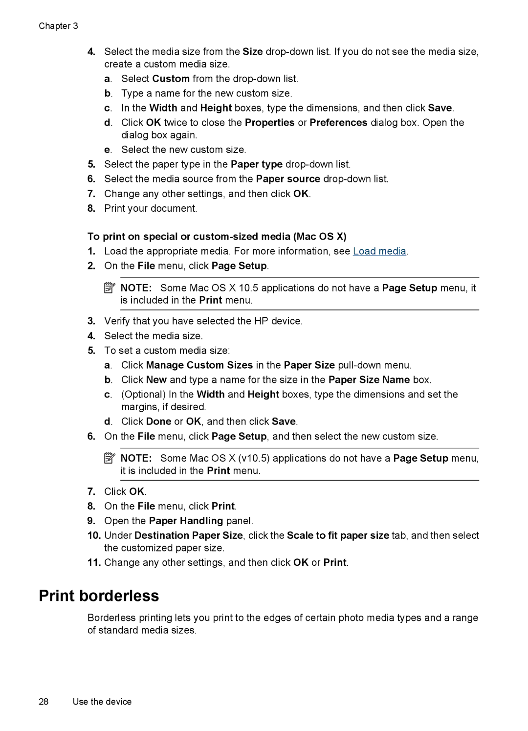 Hitachi E609, C9295A#B1H manual Print borderless, To print on special or custom-sized media Mac OS 