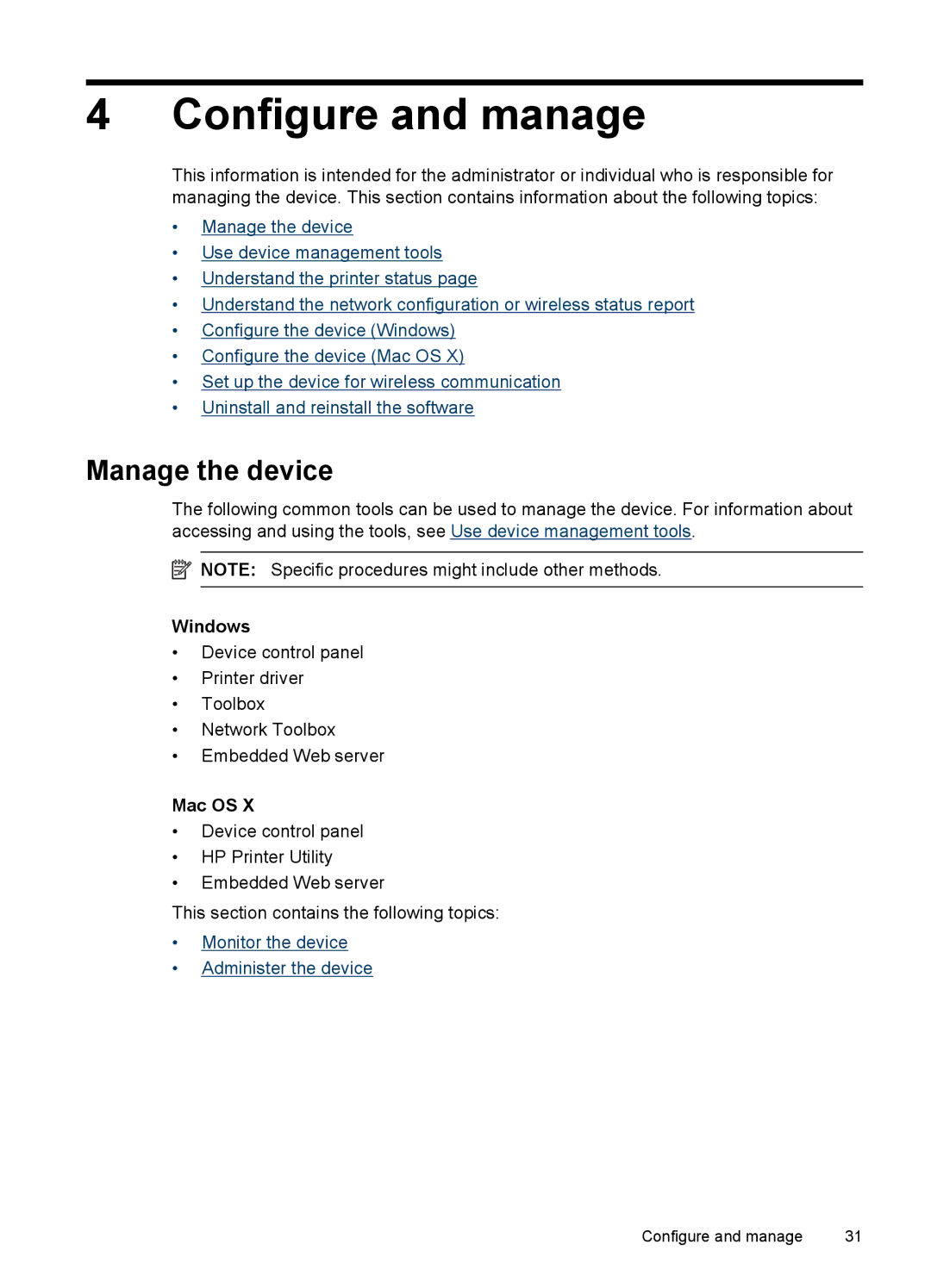 Hitachi C9295A#B1H, E609 manual Configure and manage, Manage the device, Windows, Mac OS 