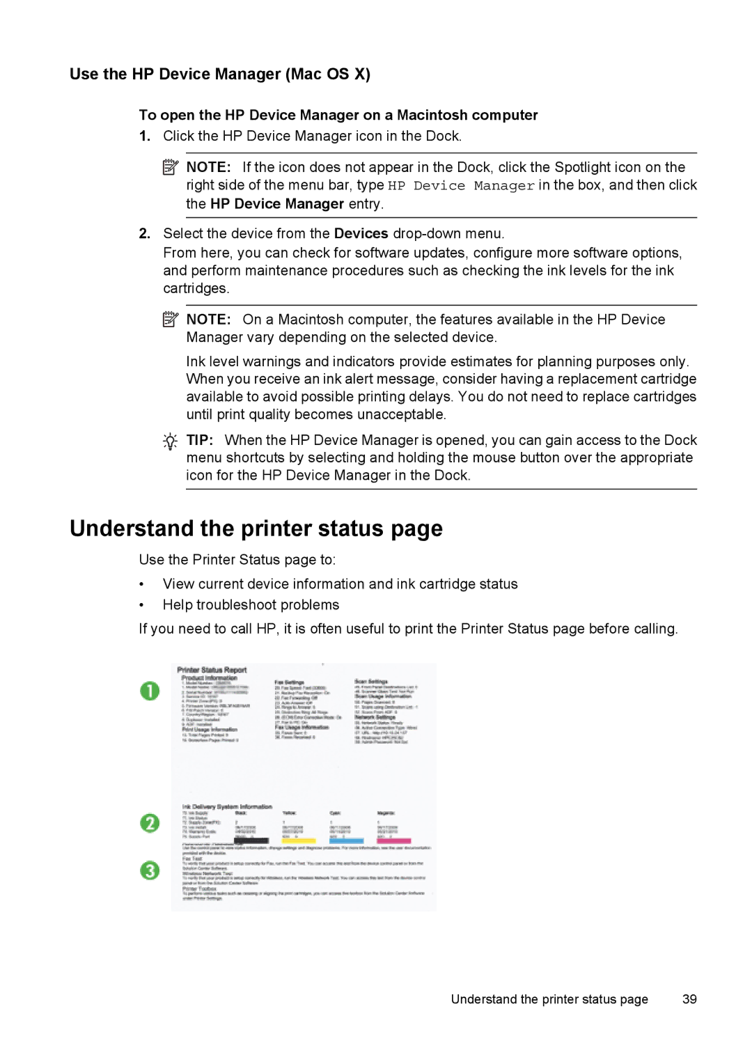 Hitachi C9295A#B1H, E609 manual Understand the printer status, Use the HP Device Manager Mac OS 