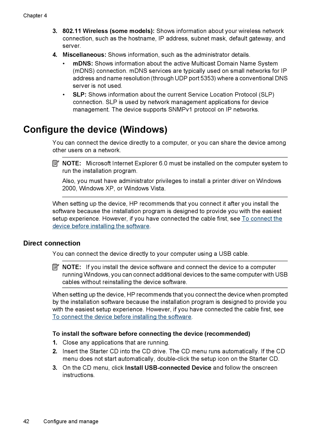 Hitachi E609, C9295A#B1H manual Configure the device Windows, Direct connection 