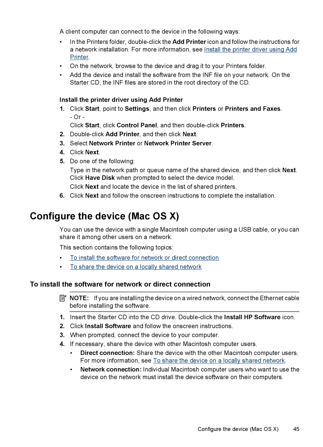 Hitachi C9295A#B1H, E609 manual Configure the device Mac OS, To install the software for network or direct connection 