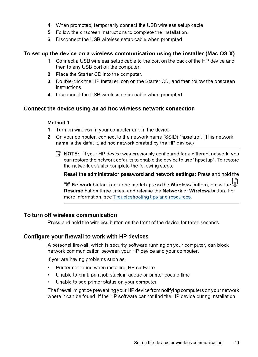 Hitachi C9295A#B1H, E609 manual To turn off wireless communication, Configure your firewall to work with HP devices, Method 