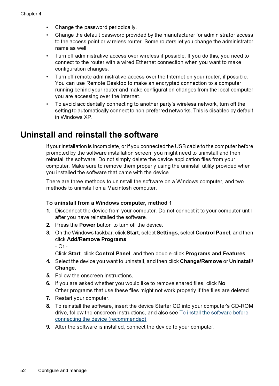 Hitachi E609, C9295A#B1H manual Uninstall and reinstall the software, To uninstall from a Windows computer, method 