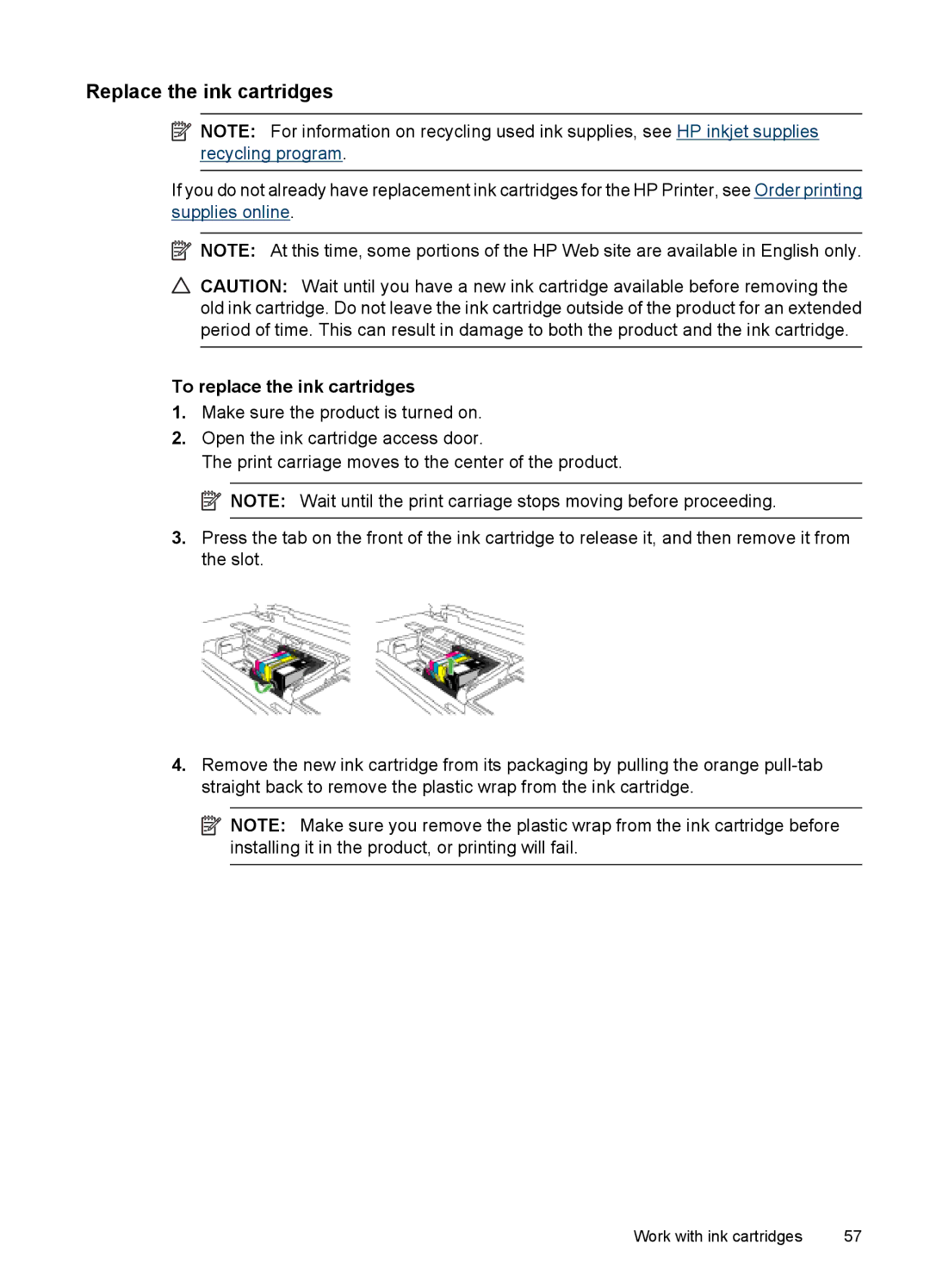 Hitachi C9295A#B1H, E609 manual Replace the ink cartridges, To replace the ink cartridges 