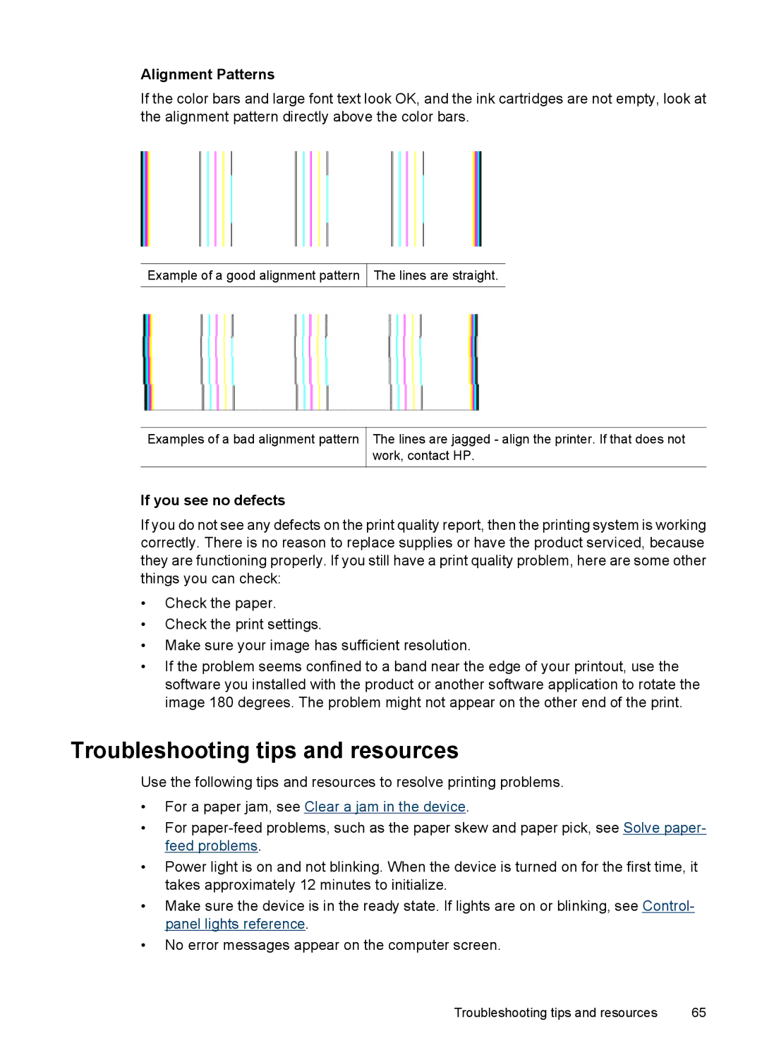 Hitachi C9295A#B1H, E609 manual Troubleshooting tips and resources, Alignment Patterns, If you see no defects 