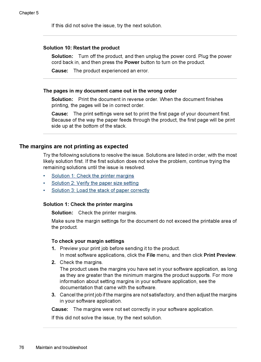 Hitachi E609, C9295A#B1H manual Margins are not printing as expected, Pages in my document came out in the wrong order 