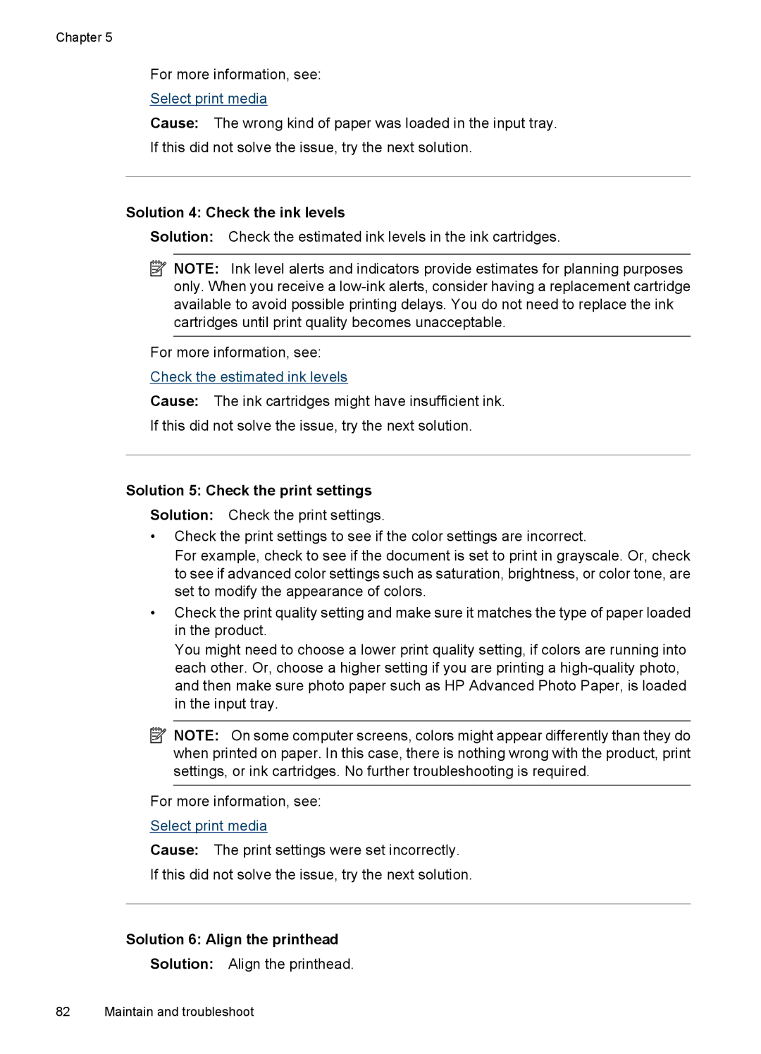 Hitachi E609 manual Solution 4 Check the ink levels, Solution 5 Check the print settings, Solution 6 Align the printhead 