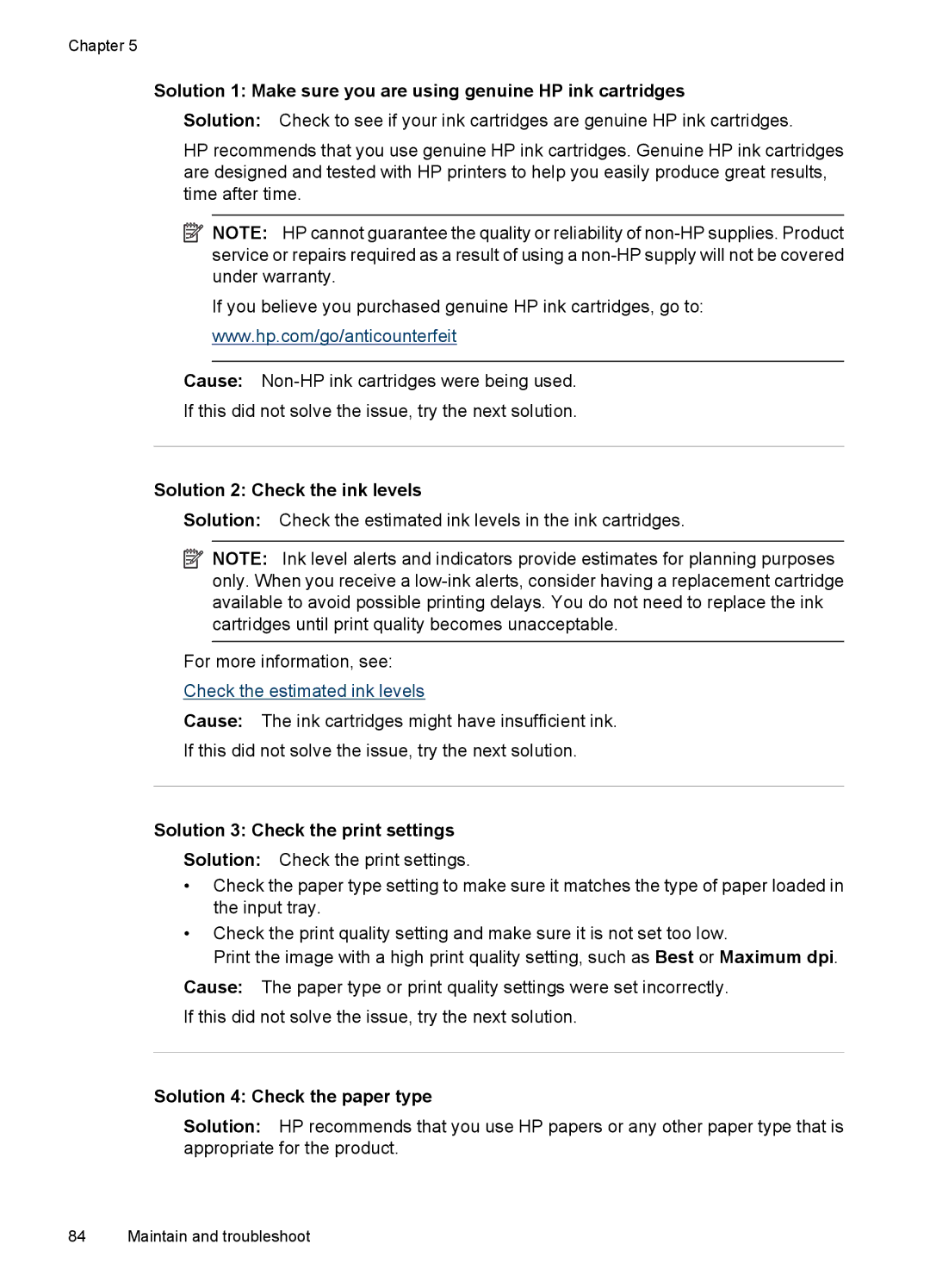 Hitachi E609 manual Solution 2 Check the ink levels, Solution 3 Check the print settings, Solution 4 Check the paper type 