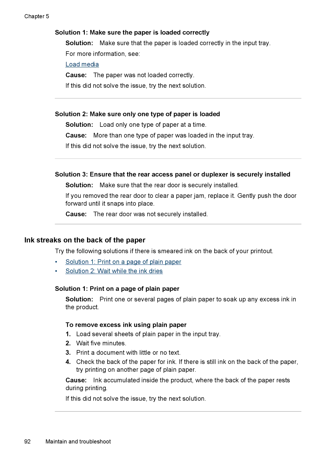 Hitachi E609, C9295A#B1H manual Ink streaks on the back of the paper, Solution 2 Make sure only one type of paper is loaded 