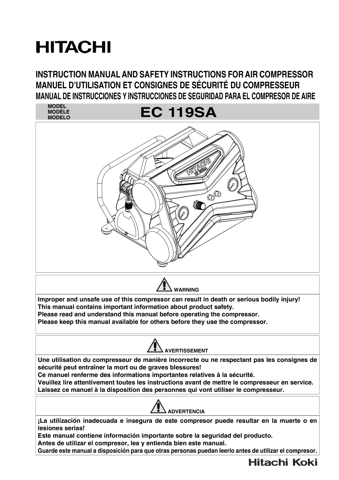 Hitachi EC 119SA instruction manual Model Modèle Modelo, Avertissement, Advertencia 