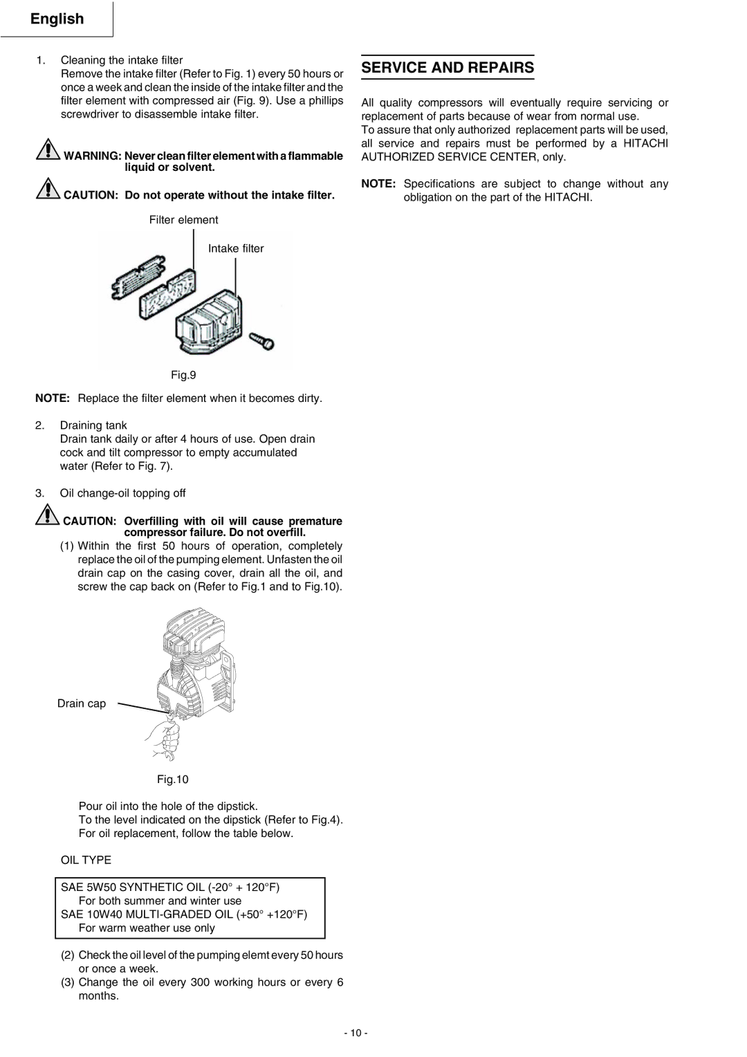 Hitachi EC 119SA instruction manual Service and Repairs, OIL Type 