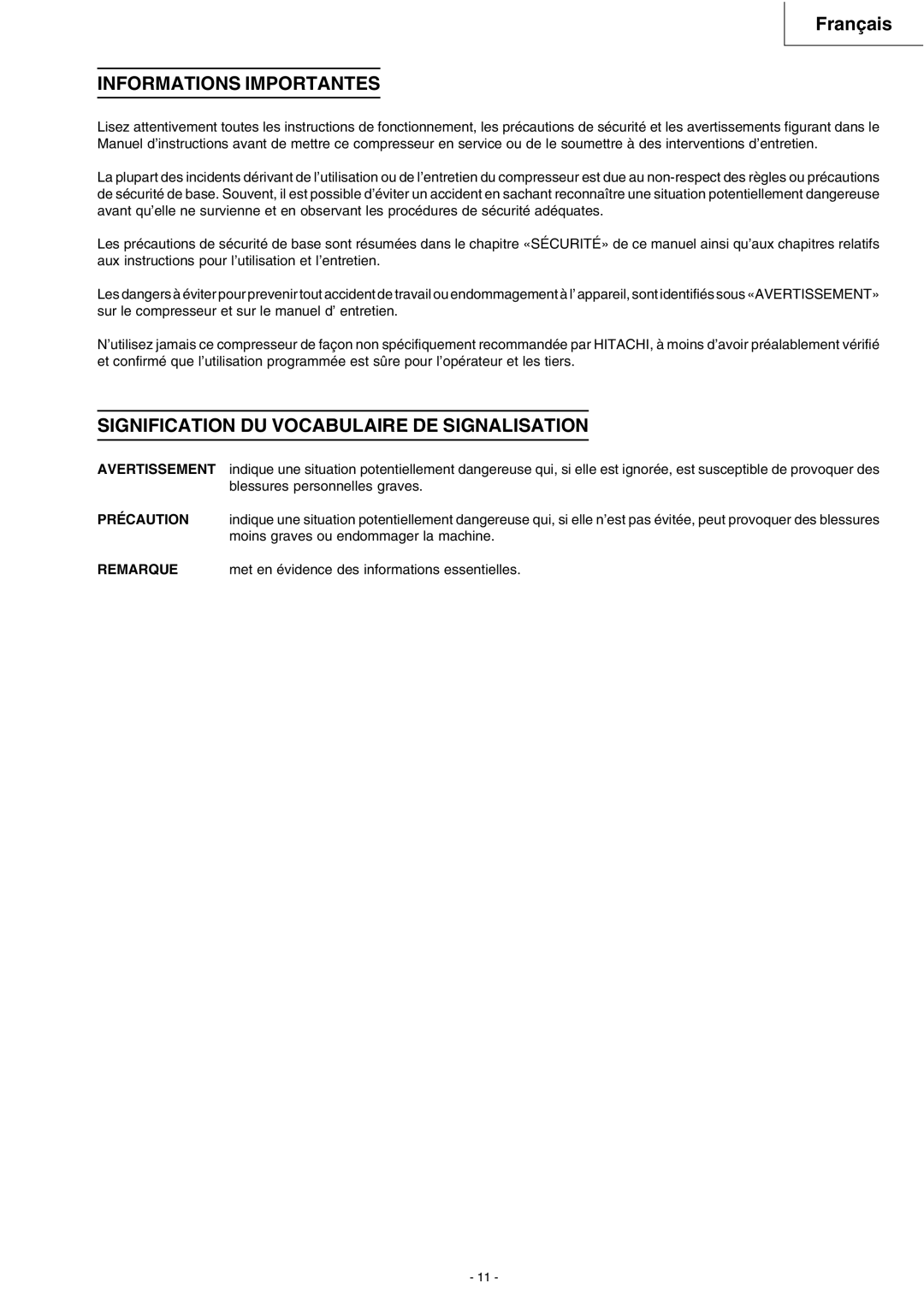 Hitachi EC 119SA instruction manual Informations Importantes, Signification DU Vocabulaire DE Signalisation 