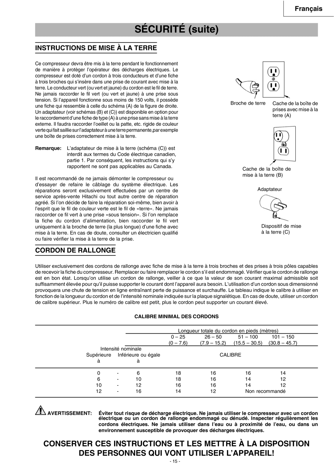 Hitachi EC 119SA instruction manual Instructions DE Mise À LA Terre, Cordon DE Rallonge, Calibre Minimal DES Cordons 