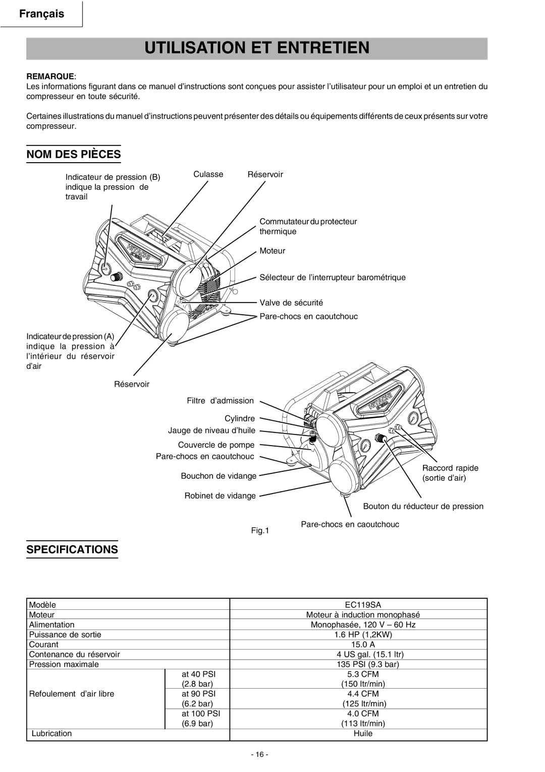 Hitachi EC 119SA instruction manual Utilisation ET Entretien, NOM DES Pièces, Remarque 